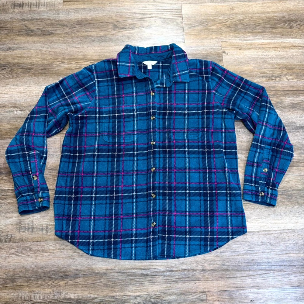 Time and Tru Shacket Womens 2XL (20) Blue Pink Plaid Long-Sleeve Button-Up
